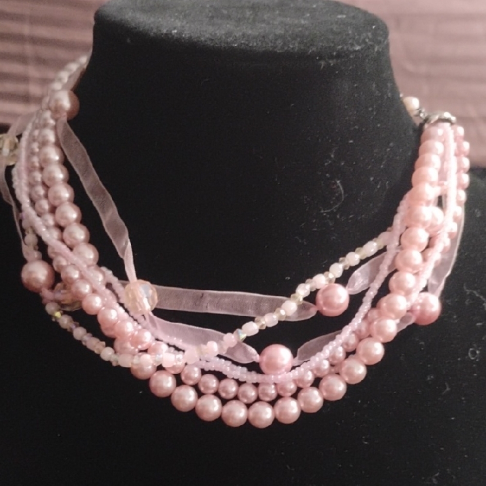 Kissaka Multi-Strand Pink Pearl & Ribbon Necklace for Women